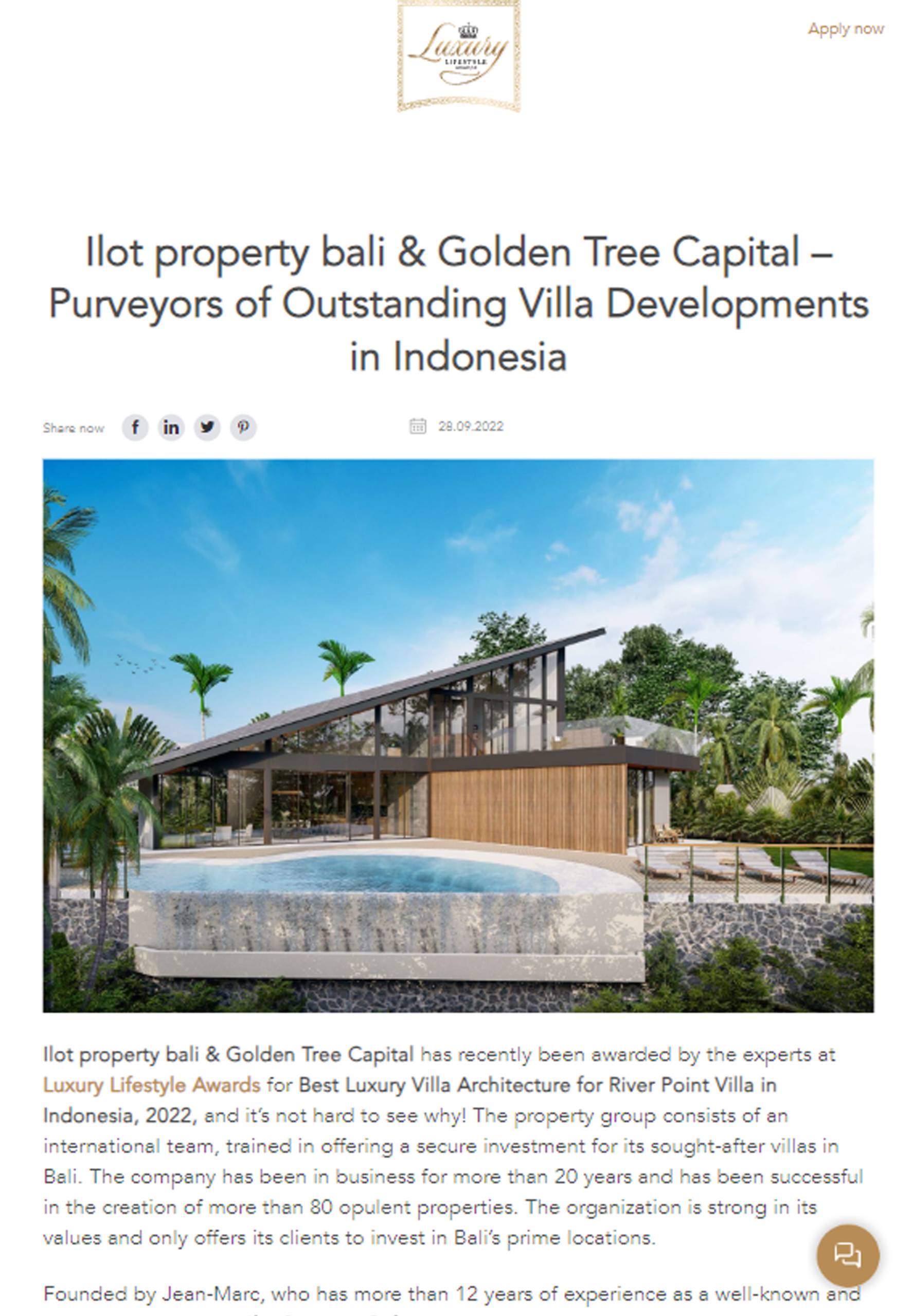 Luxury Lifestyle awards for Ilot Property Bali
